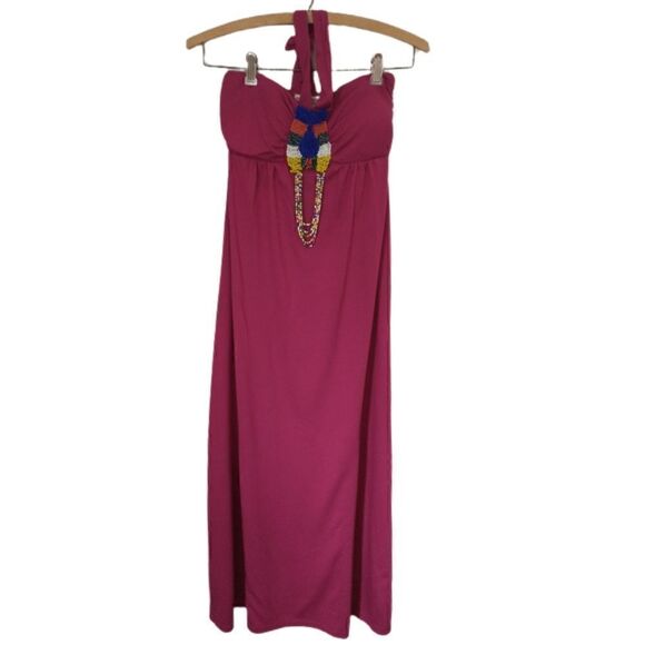 Vtg Y2K Beaded Halter Dress Maxi Sundress Small Pink Bohemian Beachy Gypsy Sexy - Picture 10 of 16
